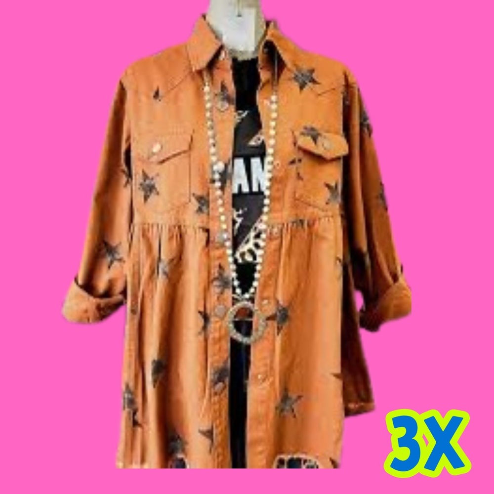 3x Burnt Orange Star Print Button-Up Peplum Jean Shirt